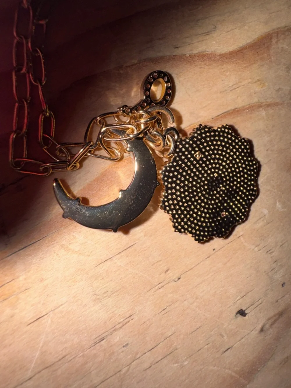 Gold Taurus Medallion Necklace with Opalescent Moon Charm - Picture 4 of 5